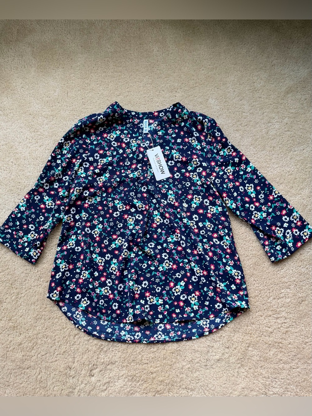 NWT VI!SHOW Navy Blue V-Neck Pullover Blouse - Size M - Stretch